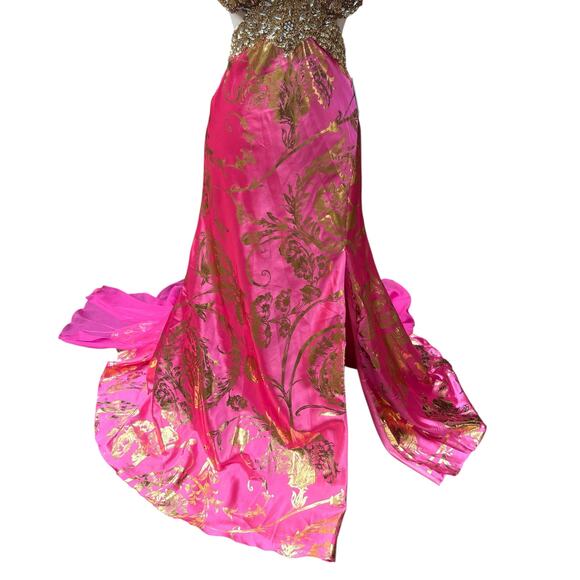 Mac Duggal Cassandra Stone Prom Dress Gown Hot Pink Gold Beaded Metallic Formal - Picture 3 of 16